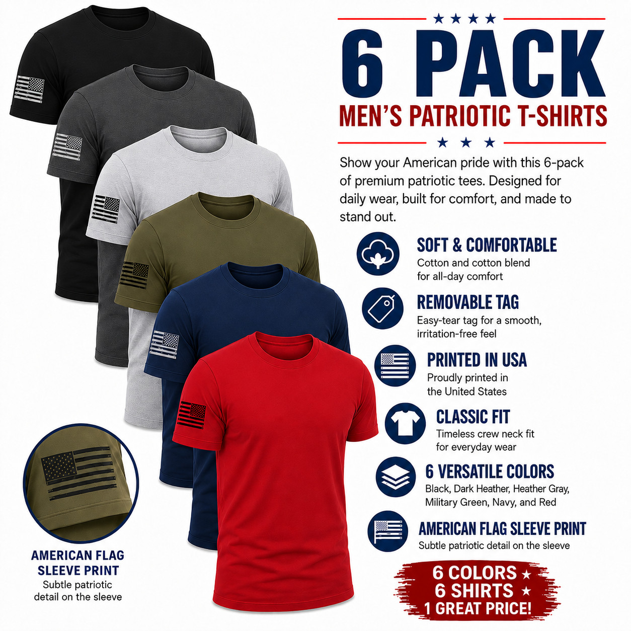 Men’s USA Flag Sleeve T-Shirt 6 Pack Cotton & Cotton Blend Tee Bundle
