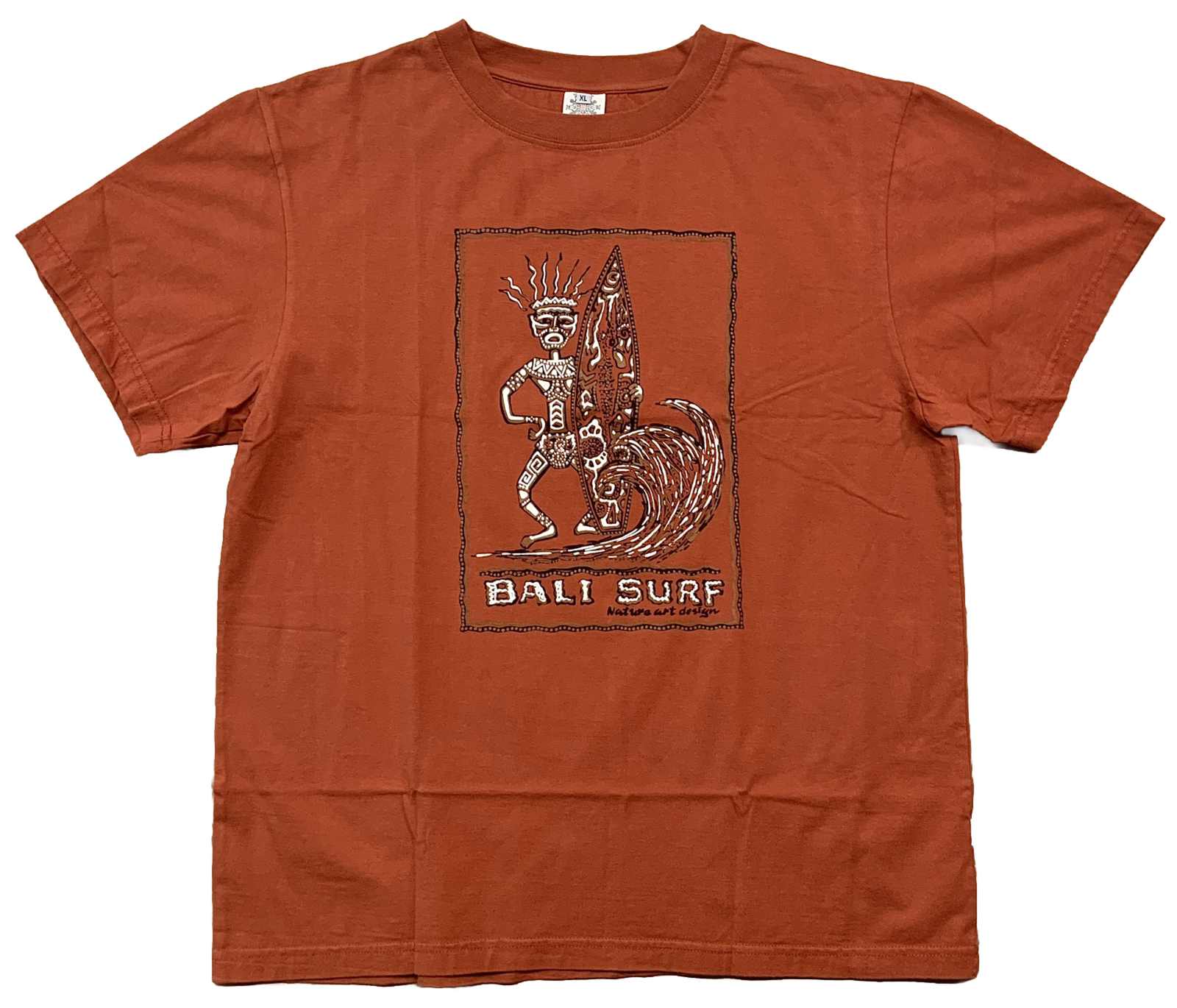 Bali Surf Nature Art Design Tribal Surfer T-shirt Size XL Rust 100% Cotton Nice!