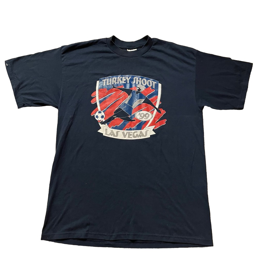 Vintage 98 Navy Blue Double Sided Soccer Turkey Shoot T Shirt XL
