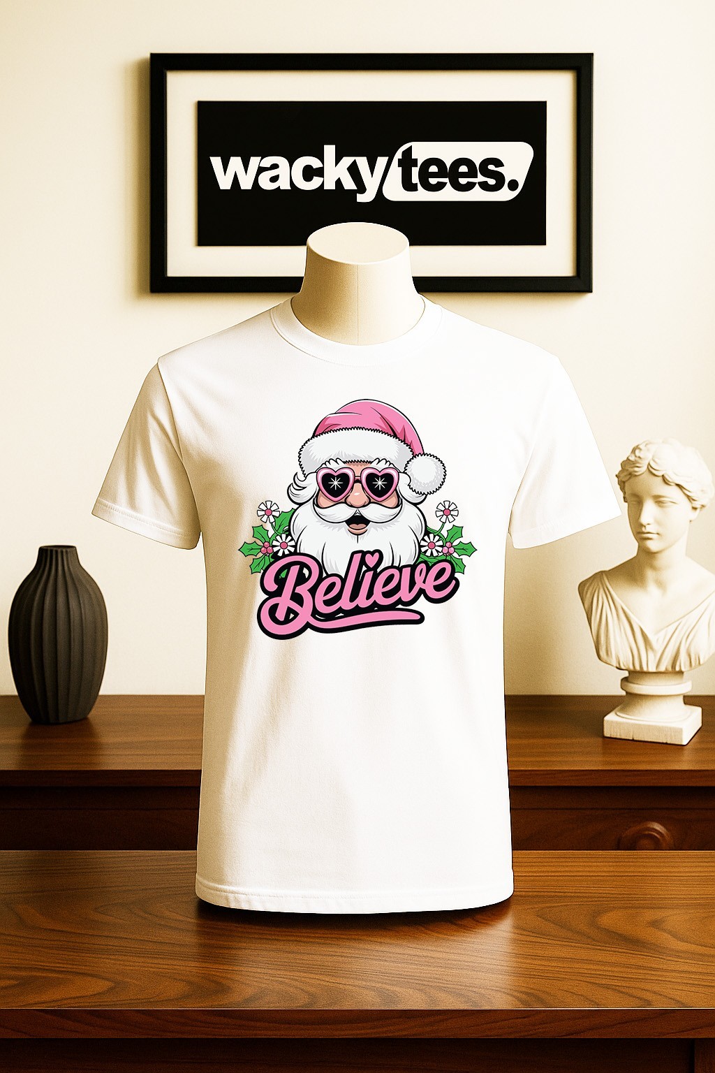 Believe In Santa Claus Pink Hat Holiday Funny Graphic Tee Shirt gallery