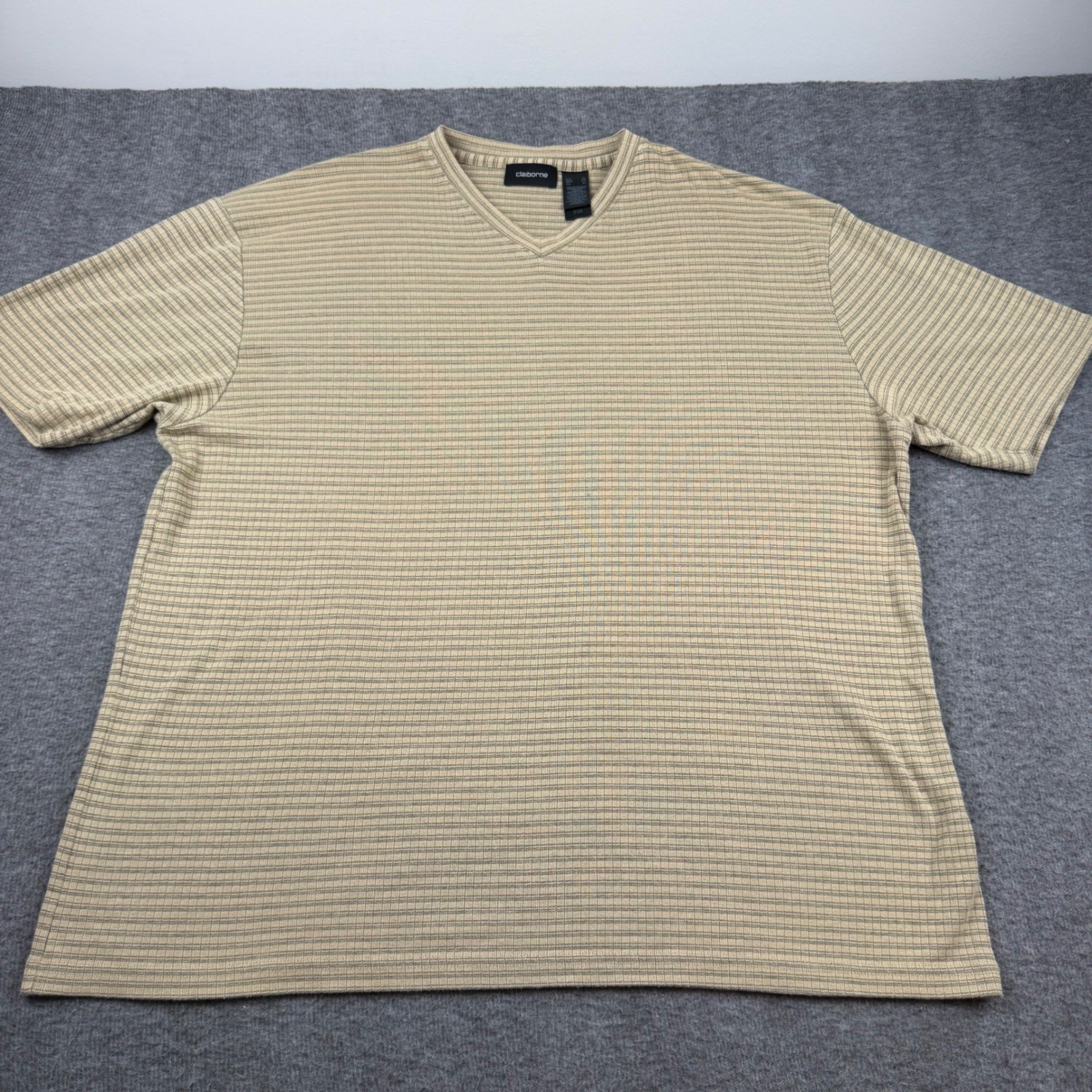 Claiborne V-Neck Shirt Men's XL Tan Horizontal Micro Stripe Short Sleeve Cotton gallery
