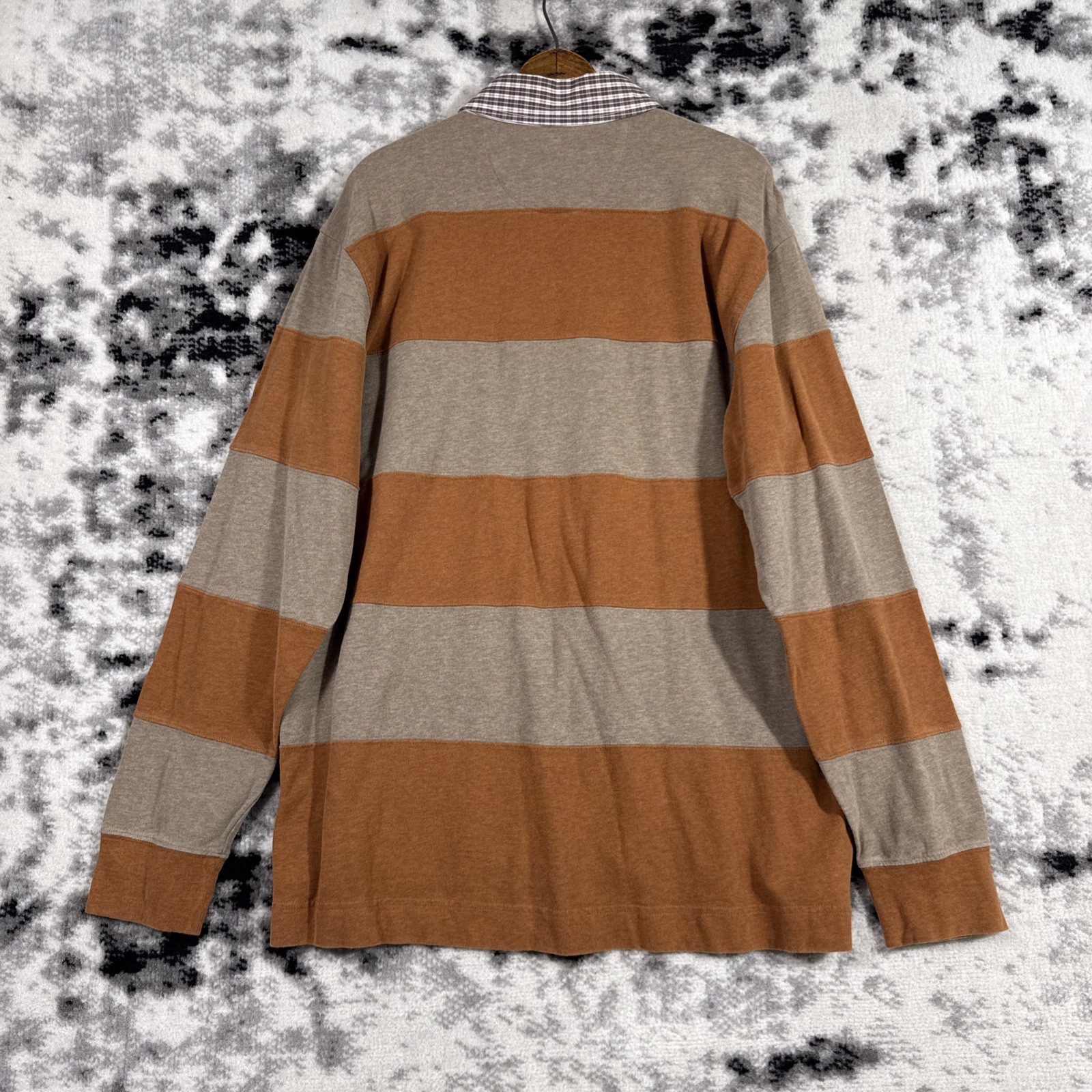 Johnston & Murphy Shirt Mens Size Large Brown Tan Striped Rugby Style Preppy gallery