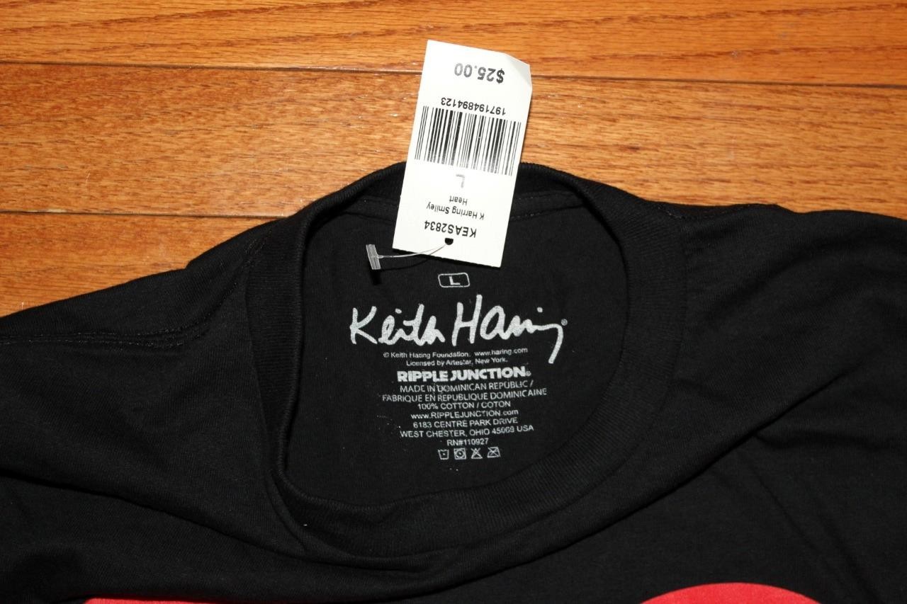 Mens KEITH K. HARING Graphic Tee Black T-Shirt Sz Large SMILEY HEART Pop Art *1M gallery