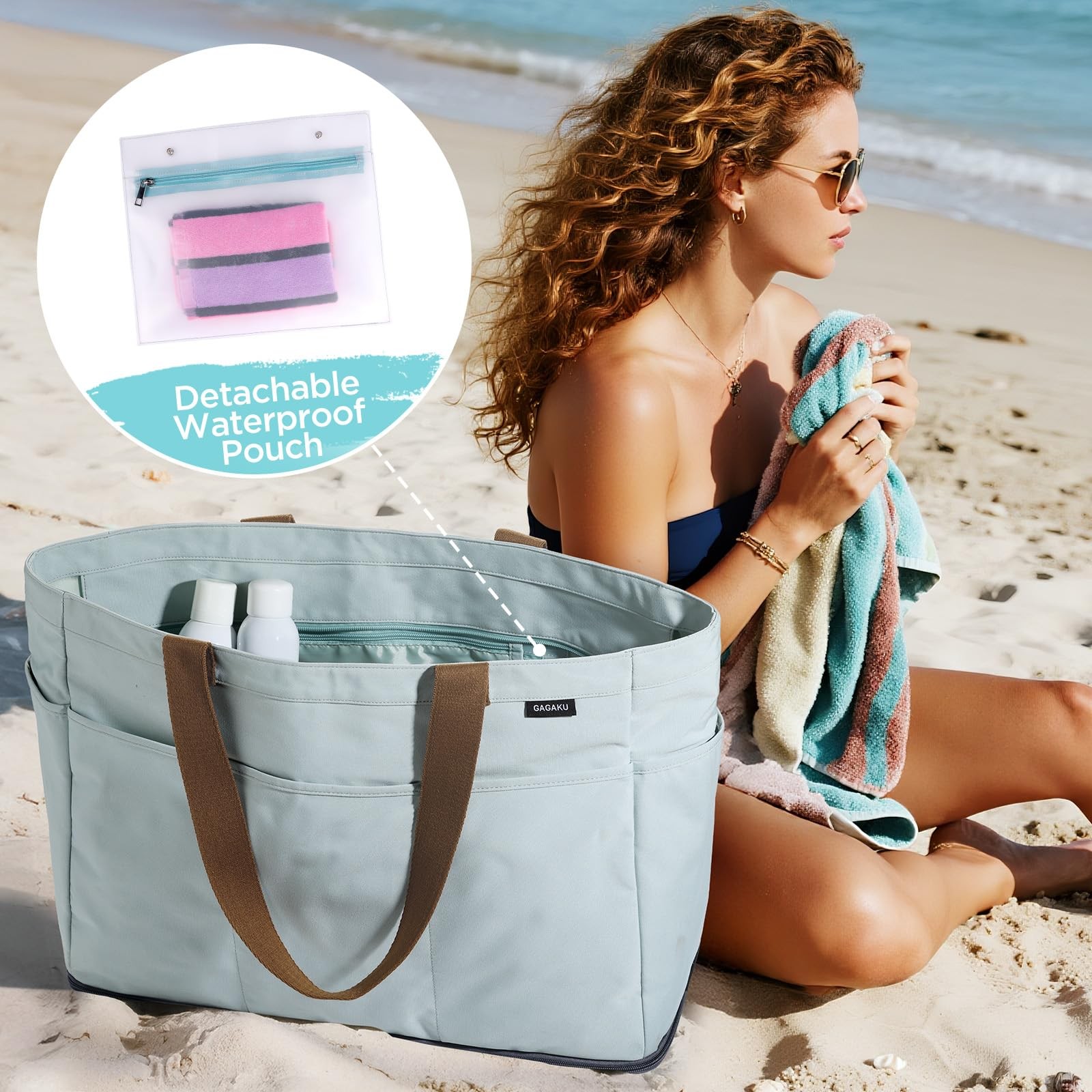 XL Beach Bag Zipper Cooler Compartment Sandproof Foldable Tote gallery