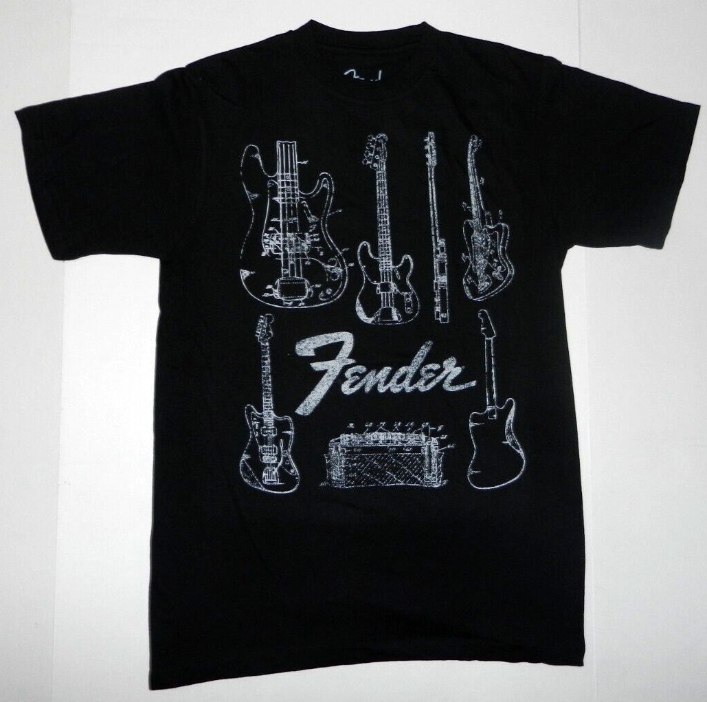 Fender Guitar Faded Music Logo Black Tee Shirt New