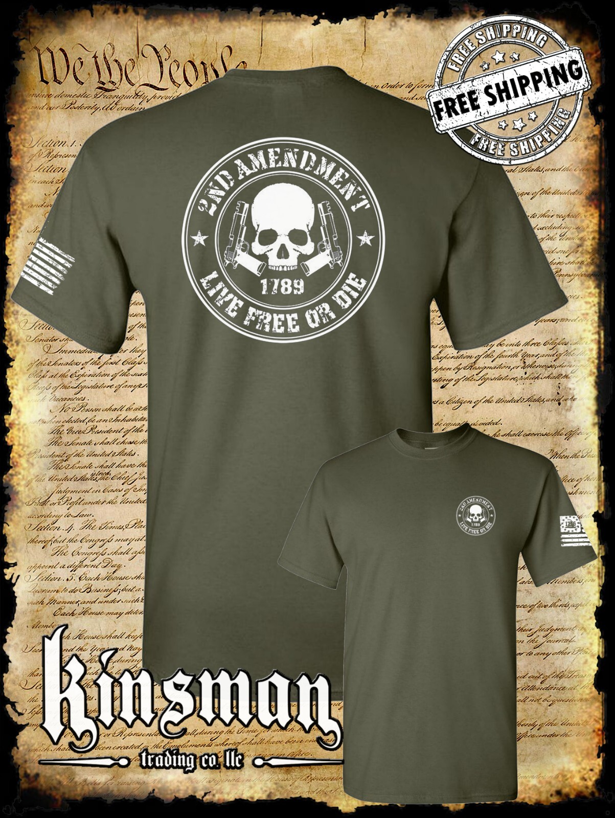 2nd Amendment Live Free or Die Skull & Pistols 2-Sided T-Shirt USA gallery