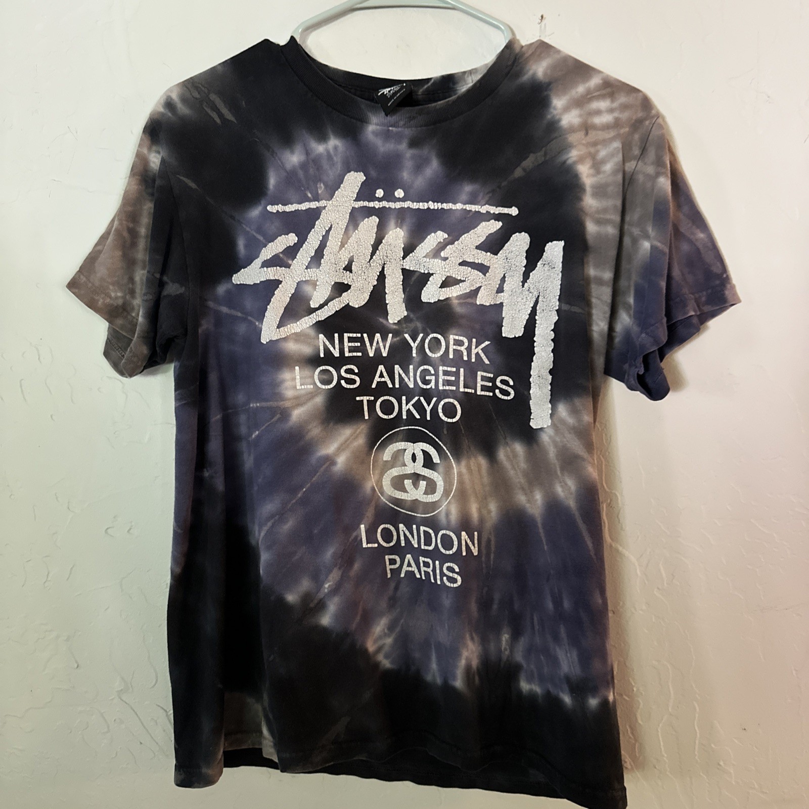 Stussy Rare World Tour Tie Dye Blue And Black Small Tee