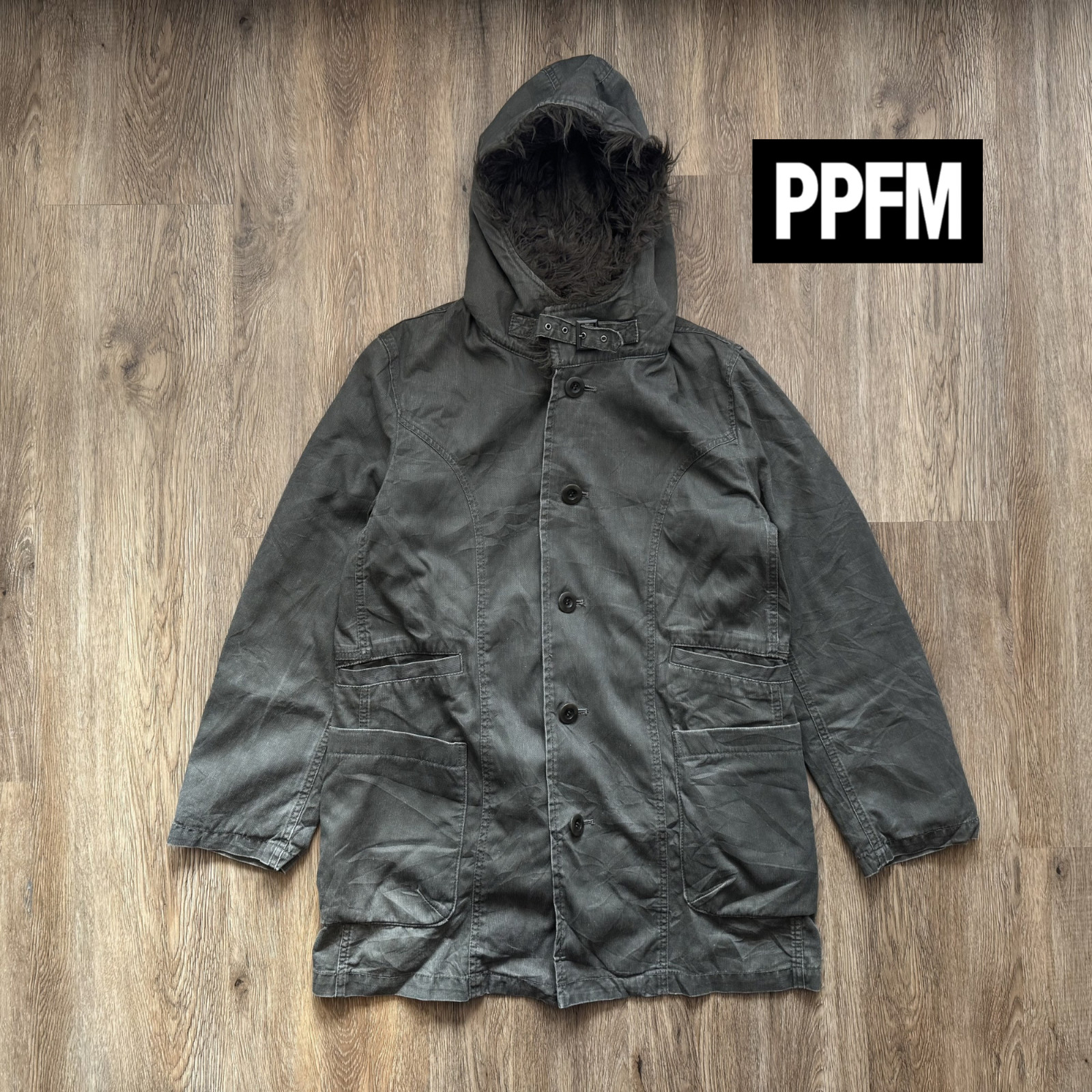 PPFM Fur Lined Military Hooded Parka Waxed Cotton Coat Japanese Brand Size M