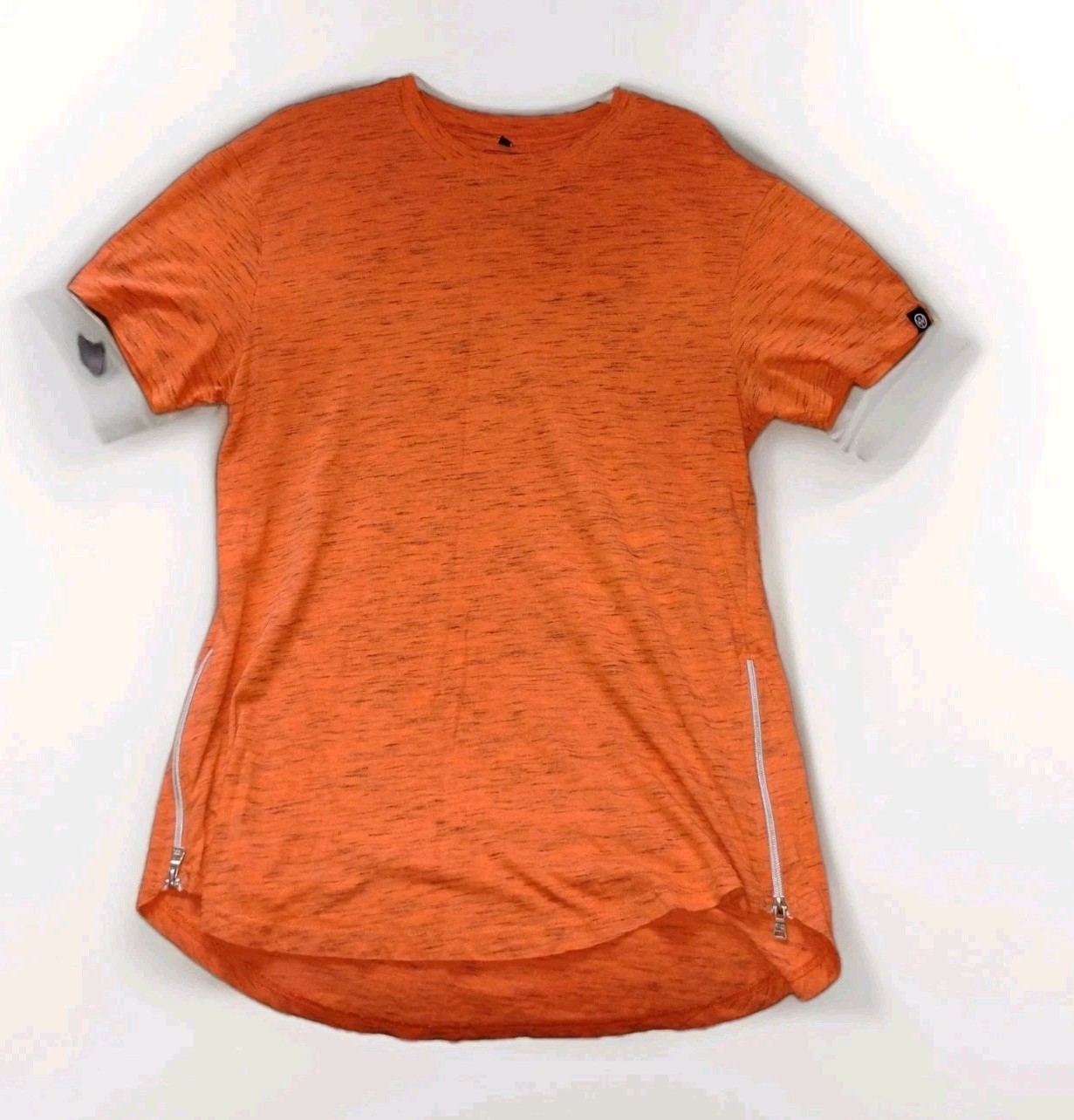 WT02 Men’s Longline Curved Hem T-Shirt Orange Side Zipper Streetwear Size L