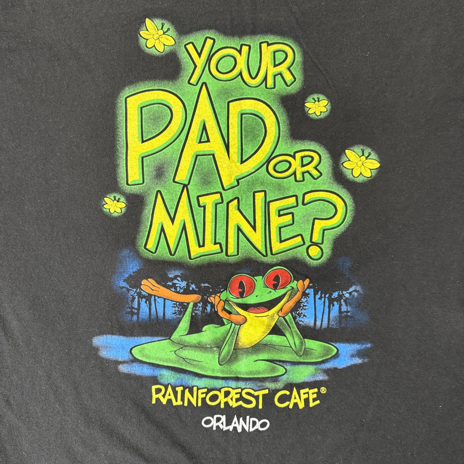 Rainforest Cafe Orlando T Shirt Black Your Pad Or Mine Frog XL Vintage 90's gallery