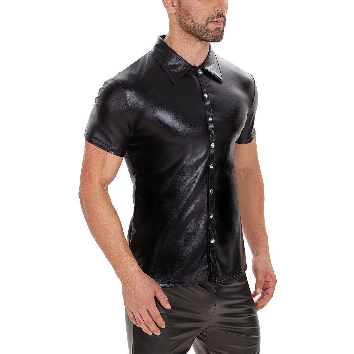 Sexy Men's WetLook Patent Shiny PVC Leather Shirts Coat Top Clubwear Costume gallery