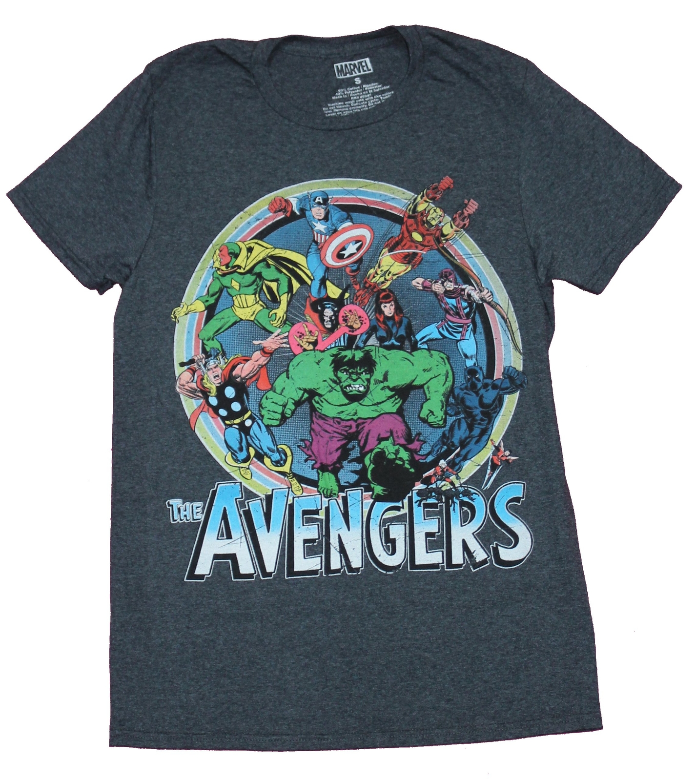 The Avengers Mens T-Shirt – Giant Group Of Comic Heroes Attacking Rainbow Circle