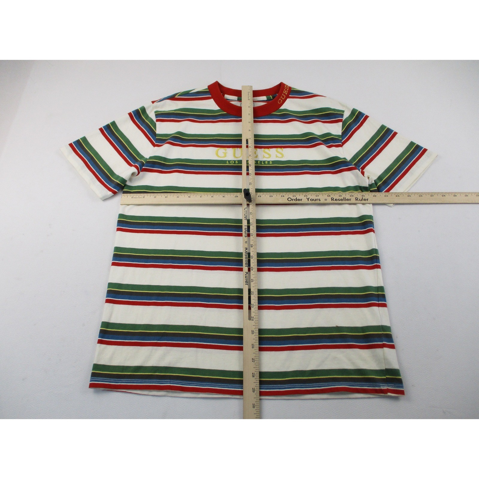 Guess Shirt Mens Medium White Multicolor Striped Embroidered Logo Retro Y2K gallery