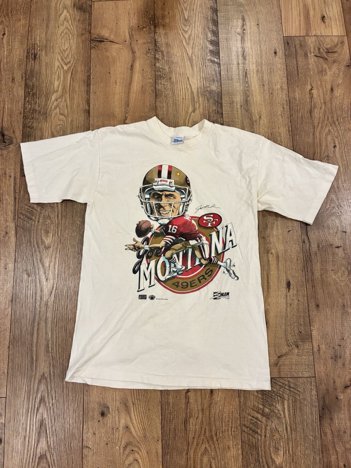 Vintage 90s Joe Montana San Francisco 49ers Salem Tshirt Size L Single Stitch