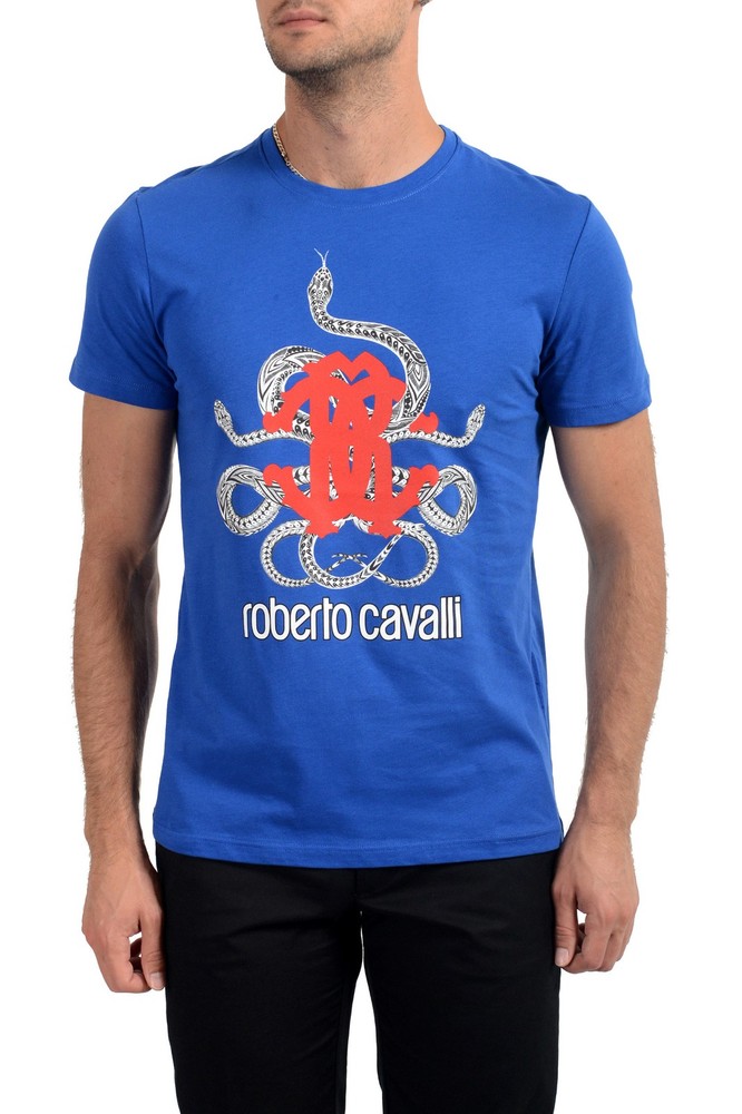 Roberto Cavalli Men’s Blue Graphic Print Crewneck T-Shirt US XL IT 54