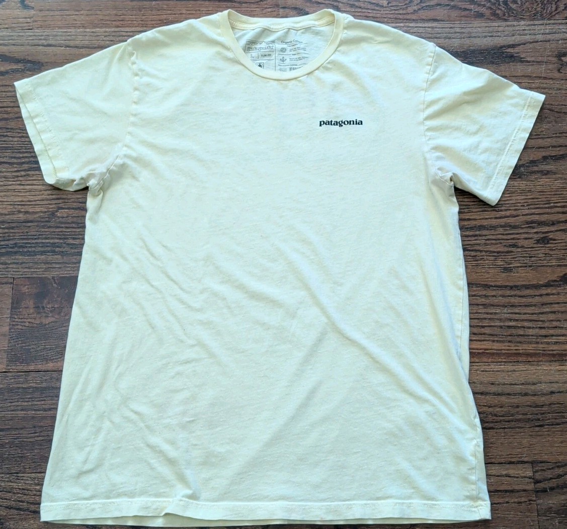 Patagonia Men's Slim Fit T-Shirt Pale Yellow Outdoors Mountain Hiking Logo Sz L gallery