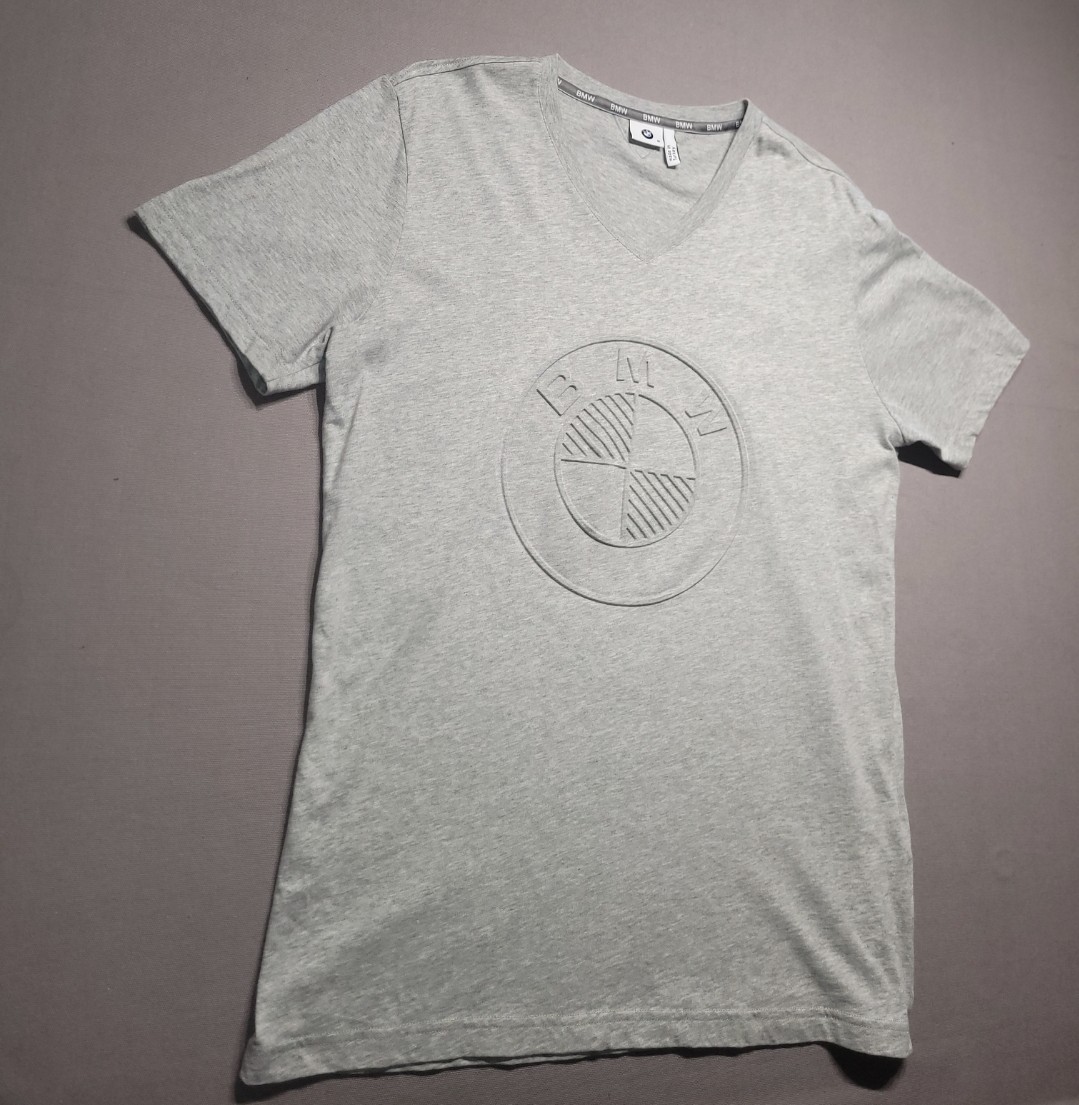 BMW Men’s M Gray V-Neck T-Shirt Tonal Raised Logo 100% Cotton Made Turkey gallery