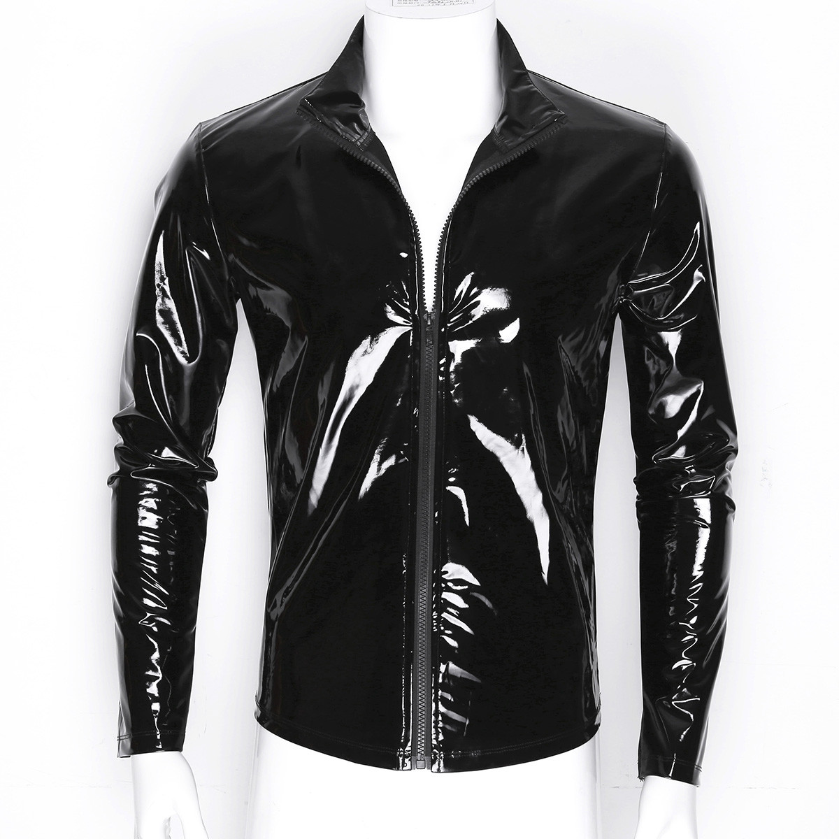 US Men Wet Look PVC Leather Jacket Coat Long Sleeve Stand Collar Outwear T shirt gallery