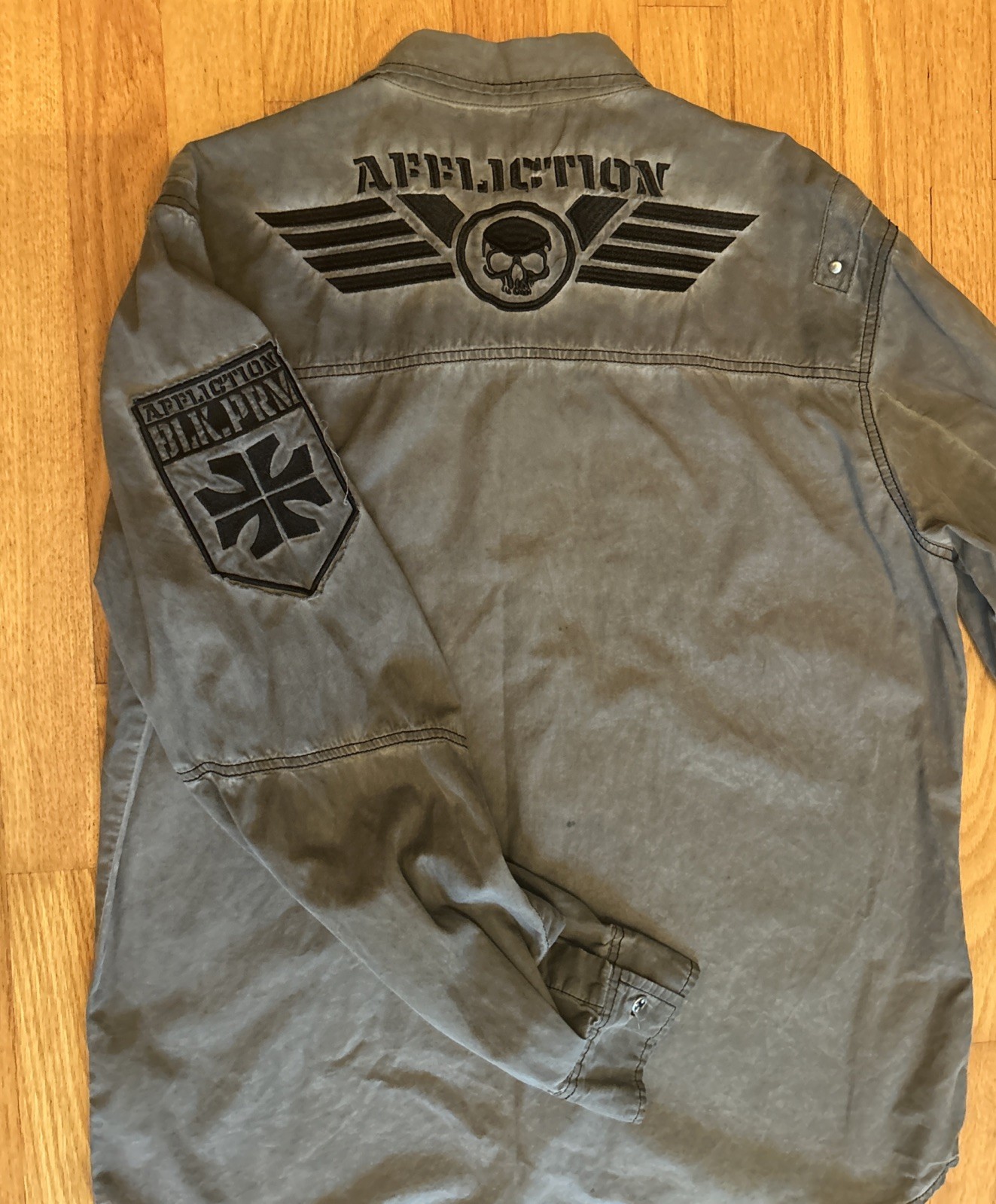 Affliction Black Premium Skull Embroidered Button Up Gray Long Sleeve Shirt Lg