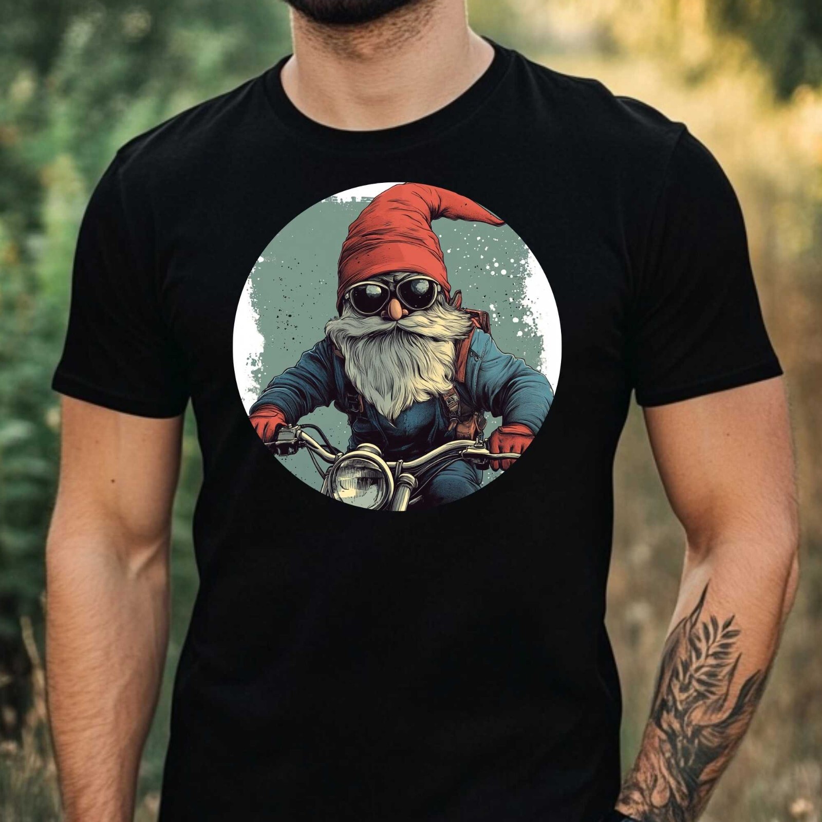 Mens Biker Gnome Motif Cotton T-Shirt Size XS to 5XL