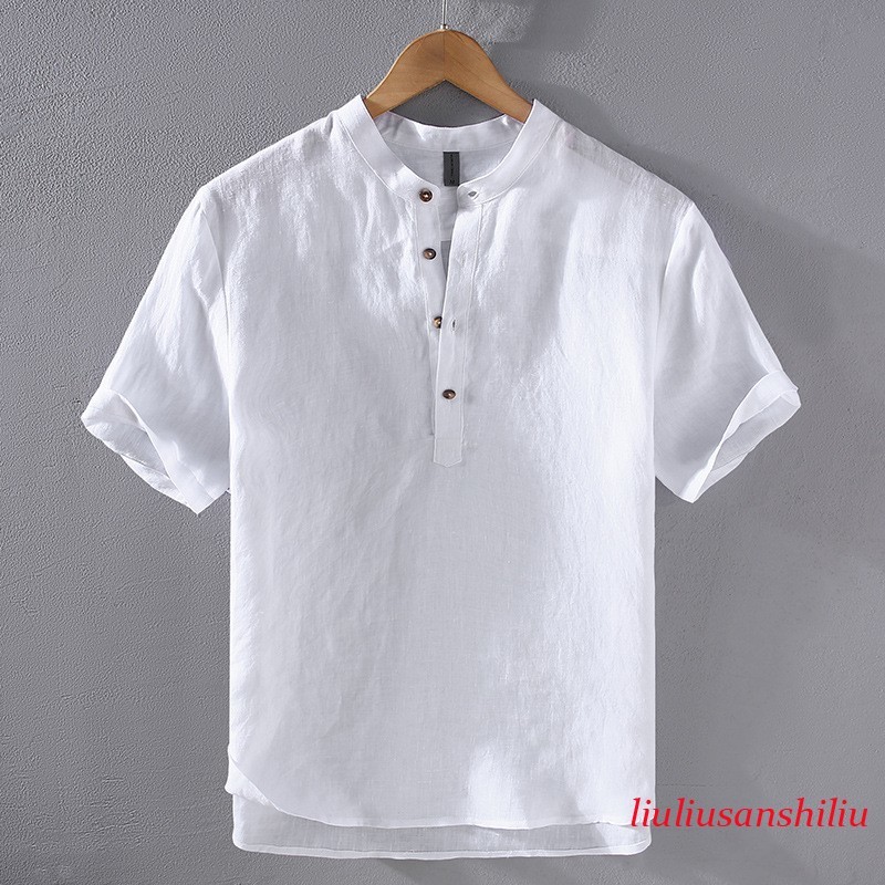 Retro Style Short Sleeve Pullover Mens Stand Collar 100% Linen Shirt Half Button gallery