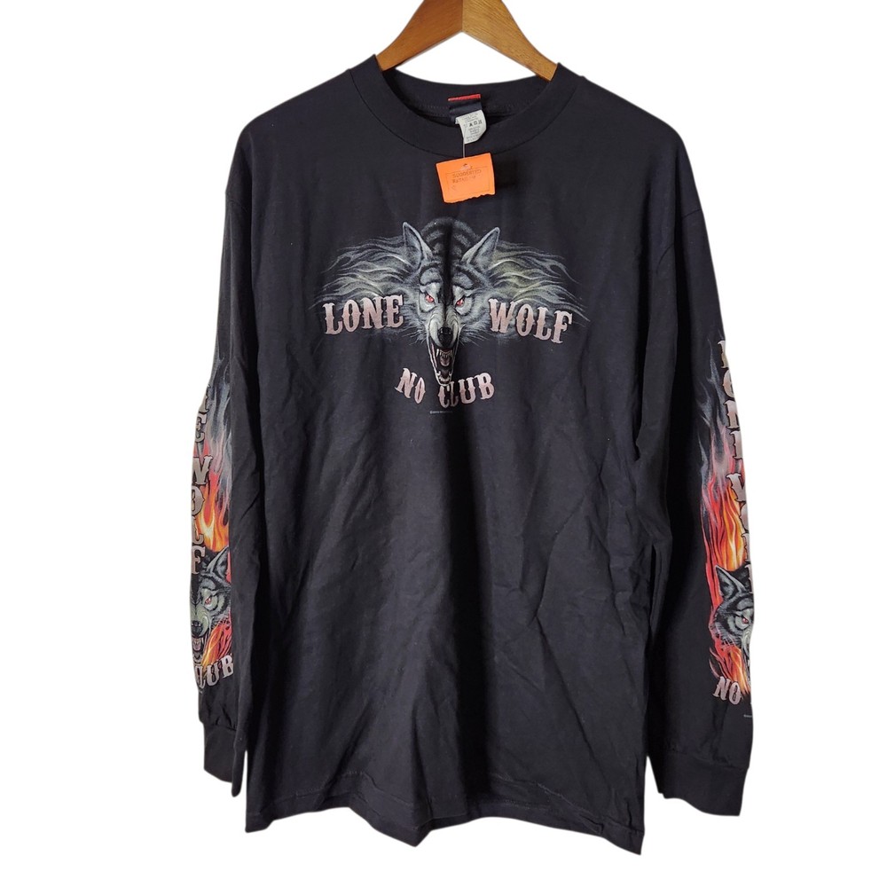 Lone Wolf No Club Biker Motorcycle Double-Sided/Flame Sleeves Graphic Tee Sz L