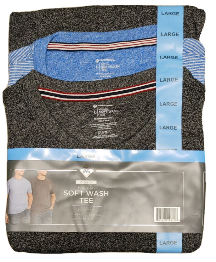 NWT Member's Mark Mens Soft Wash Tee 2 Pack Charcoal/Navy Stripe Large gallery