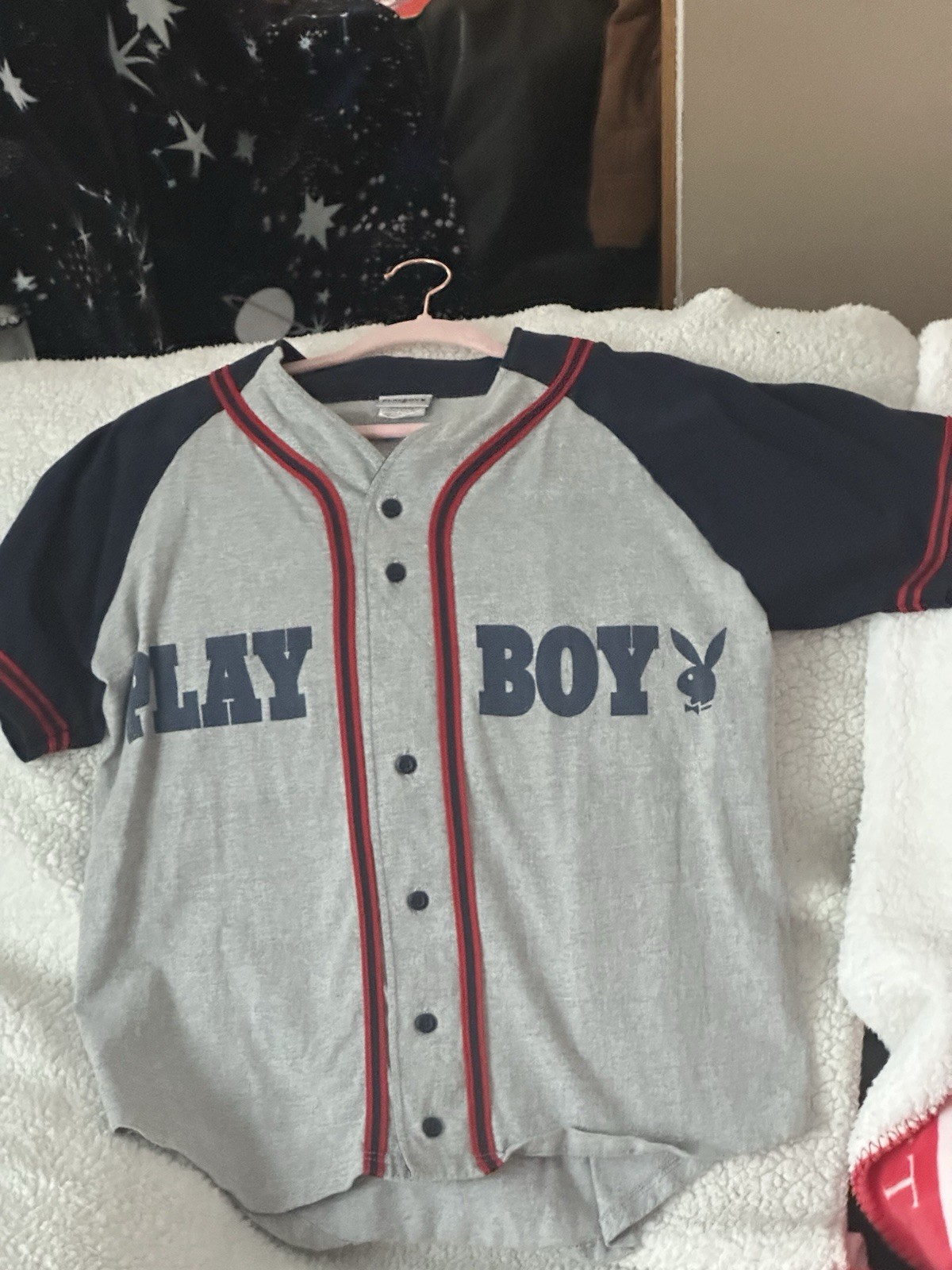 PLAYBOY BASEBALL JERSEY GREY/NAVY RED TRIM 90% COTTON MEDIUM VTG 2003 NEW PICS