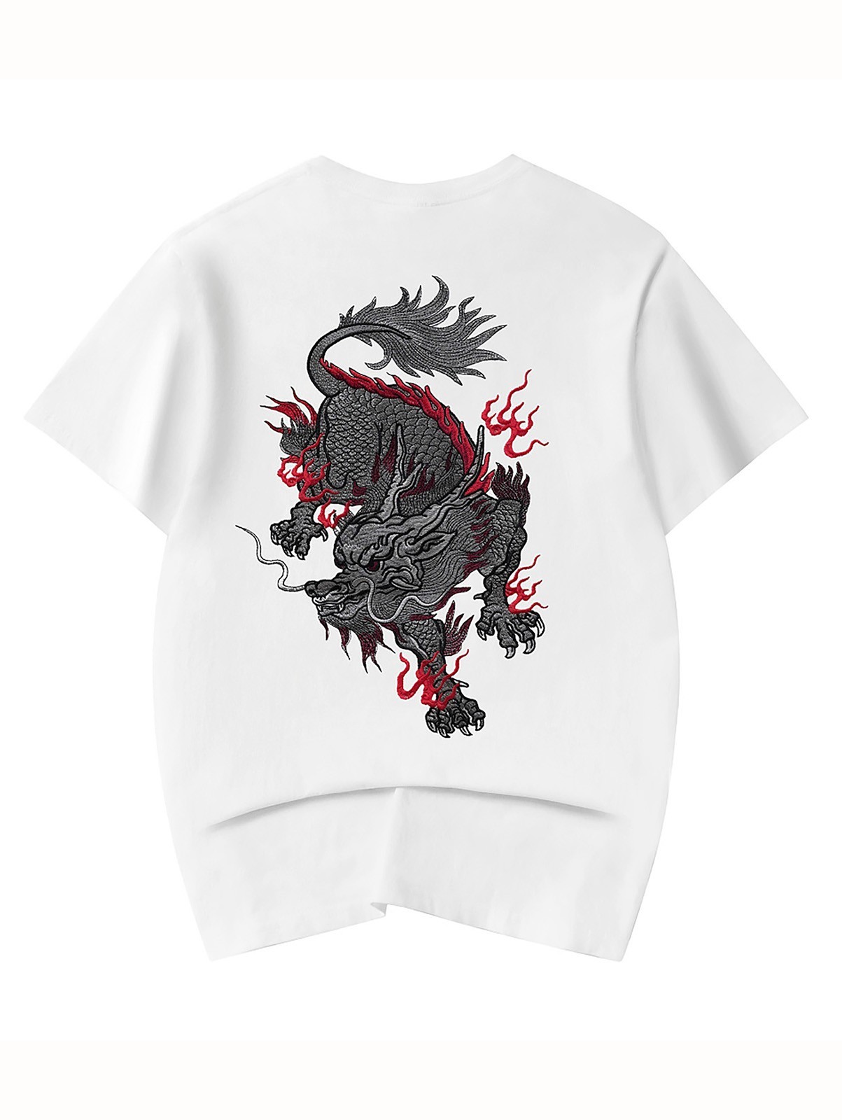 Niepce Men's Dragon with Red Flames Embroidery Tee Japanese Streetwear T-Shirt gallery