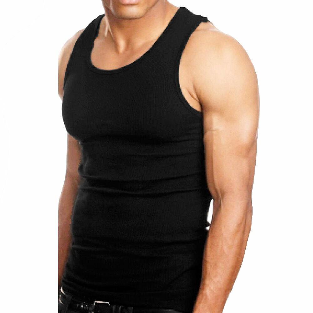 3 Pc Men 100% Cotton A-Shirt Tank Top Ribbed Undershirt Wife Beater Black Muscle gallery