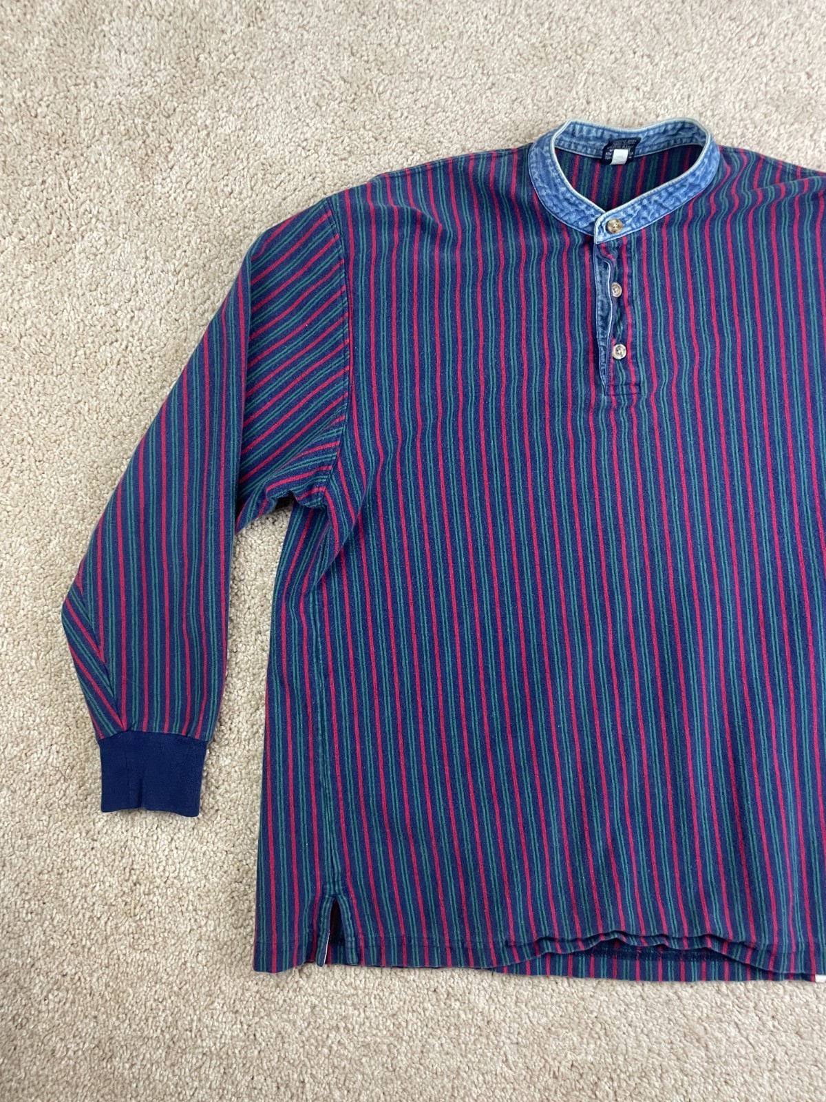 Vintage Lands' End Henley T-Shirt Mens XL Cotton Stripes Ribbed Long Sleeve Blue gallery