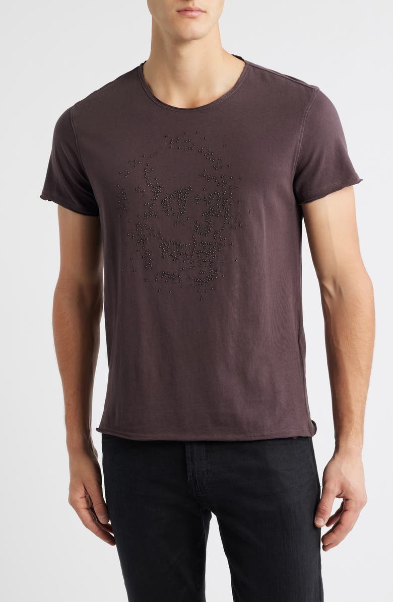 $168 John Varvatos Beaded Skull Raw Edge T-Shirt Mens Medium Oxblood Cotton Tee gallery
