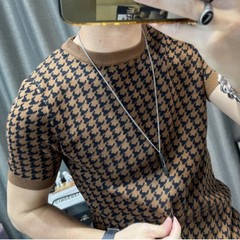 New Houndstooth Men Short Sleeve Sweater T-shirt O-neck Knitted Top Tees