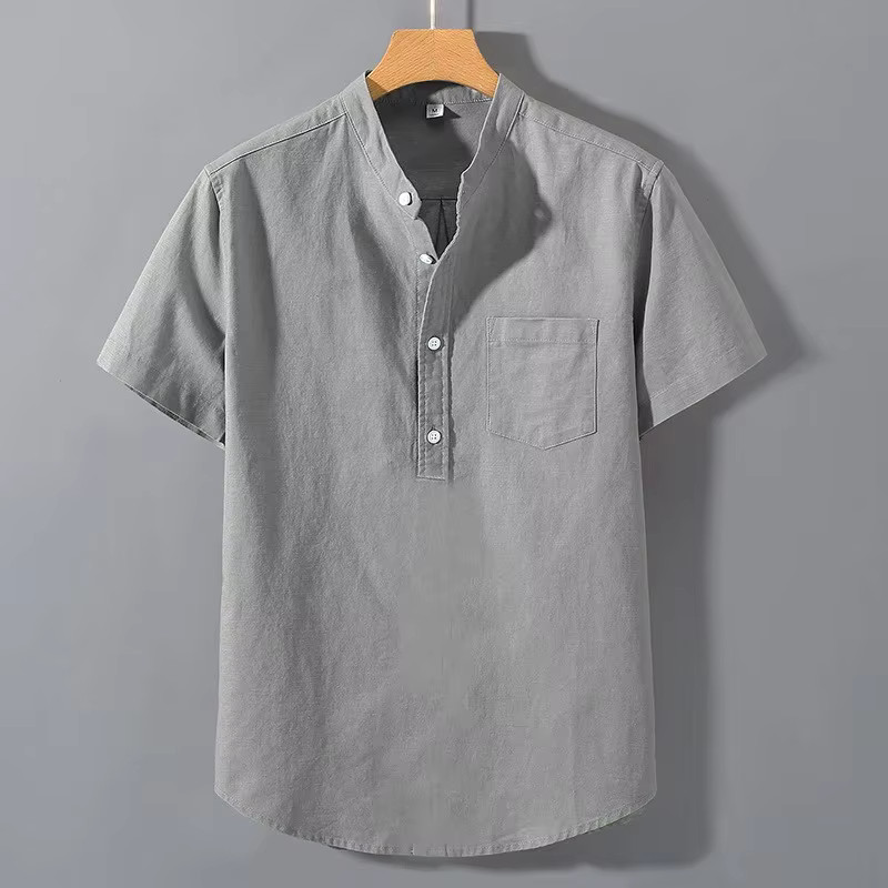 Men’s Breathable Cotton Stand Collar T-Shirt Summer Casual Pocket Top Tee Gift gallery