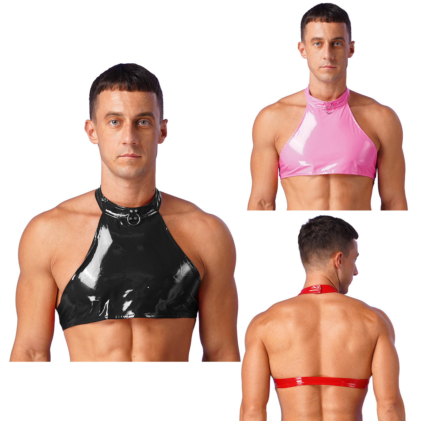 Mens Crop Top Wetlook PVC Leather Halter Neck Vest Shirts for Clubwear Party gallery