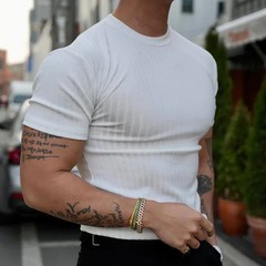 2025Summer Fashion Solid Color Ribbed Slim T Shirts Men Streetwear Classic Simpl