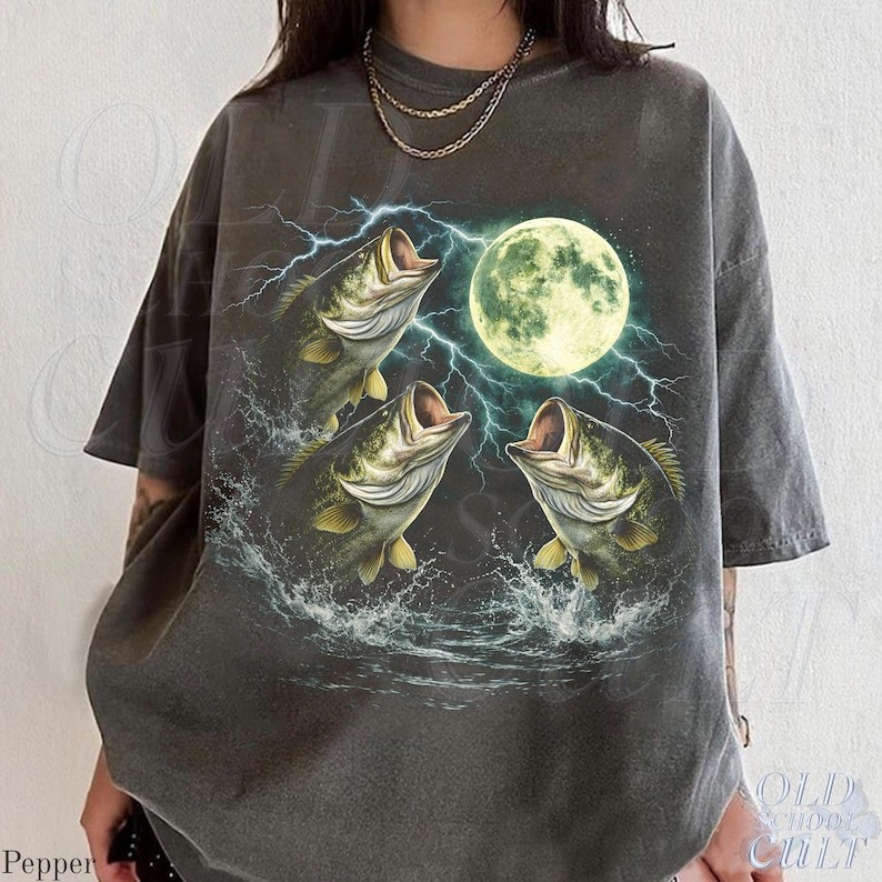 Bass Fish Moon 90s Vintage Style Graphic T-Shirt Retro Largemouth Fishing Tee