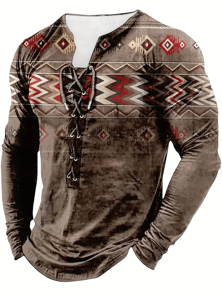 Ethnic Style Gradient Pattern Stylish Long Sleeve Henley Tee String Clothing