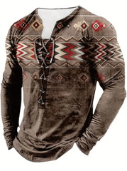 Ethnic Style Gradient Pattern Stylish Long Sleeve Henley Tee String Clothing