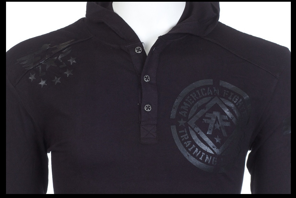 AMERICAN FIGHTER Black on Black AVERETT Long Sleeve Henley Hoodie T-shirt NWT gallery