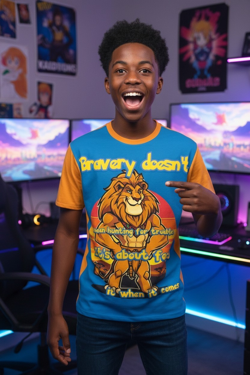 Lion Gamer Shirt | Bravery Quote Tee | Cartoon Graphic T-Shirt | Animal clothing gallery