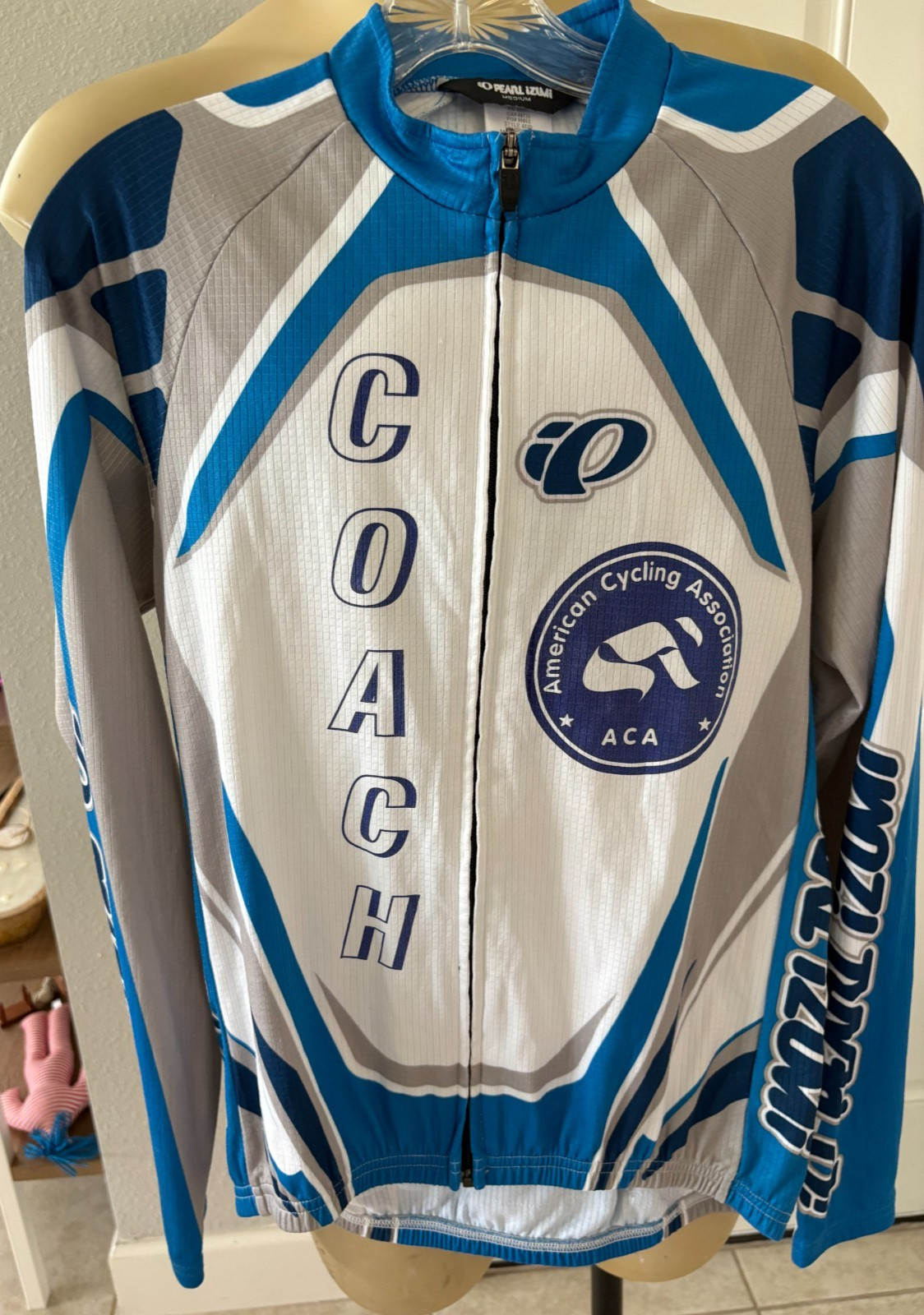 Pearl Izumi Cycling Jersey COACH Mens Blue & White Long Sleeve Full Zip Size M