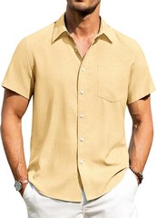 Men’s Linen Shirt Short Sleeve Button Down Wrinkle Free Casual Summer Beach Top