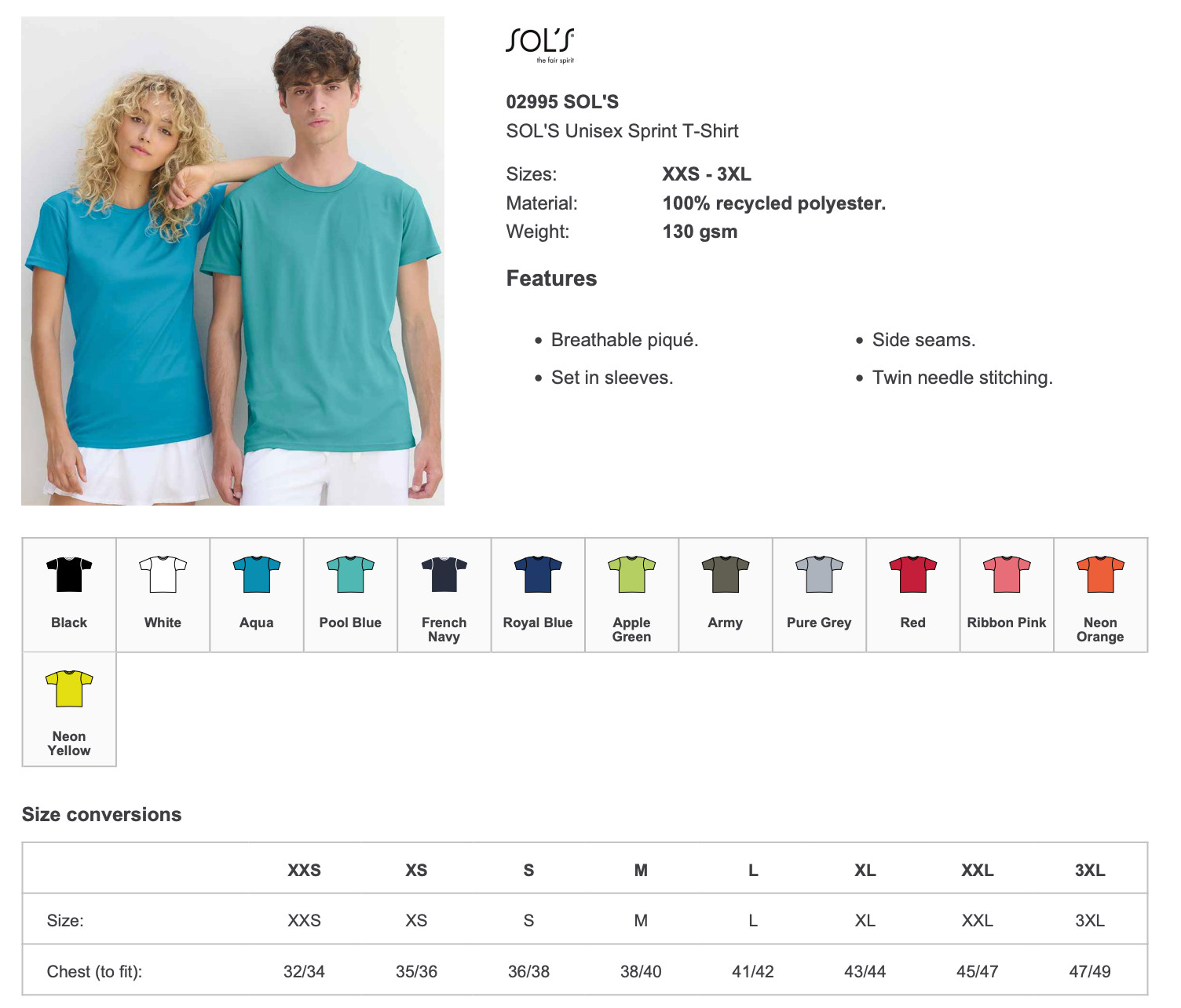 Recycled Polyester T-Shirt SOLS Unisex Breathable Wicking Short Sleeve Tee gallery
