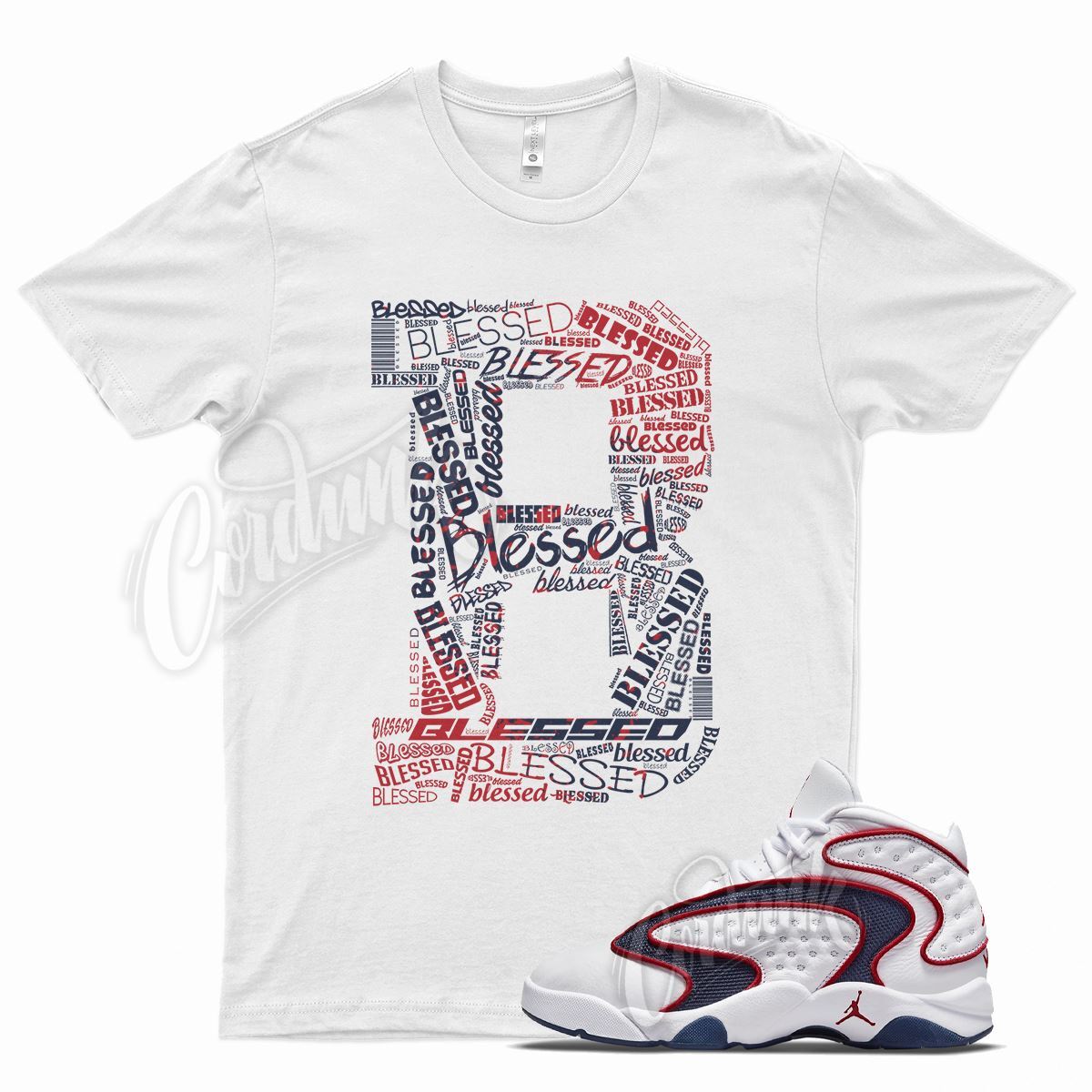 White BLESSED T Shirt for J1 OG Midnight Navy University Red Flint 13 Bred