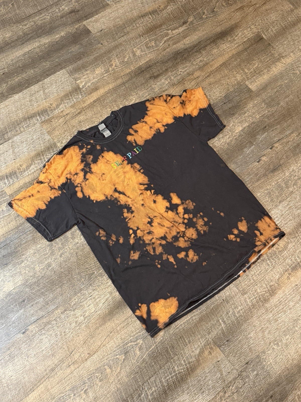 Self Paid Bleach Dye T Shirt Mens XL Black Orange Streetwear Graphic Tee gallery