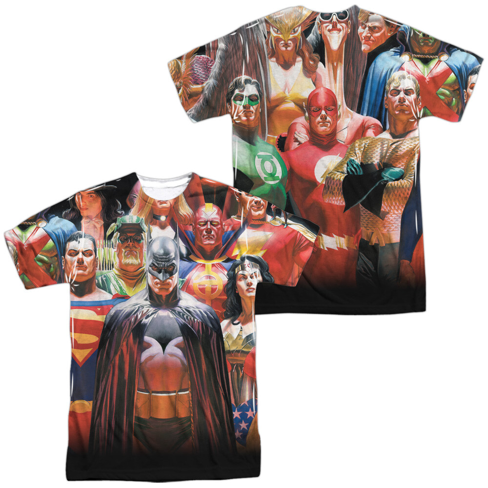 JLA Wall of Heroes Unisex Adult Halloween Costume T Shirt, S-3XL