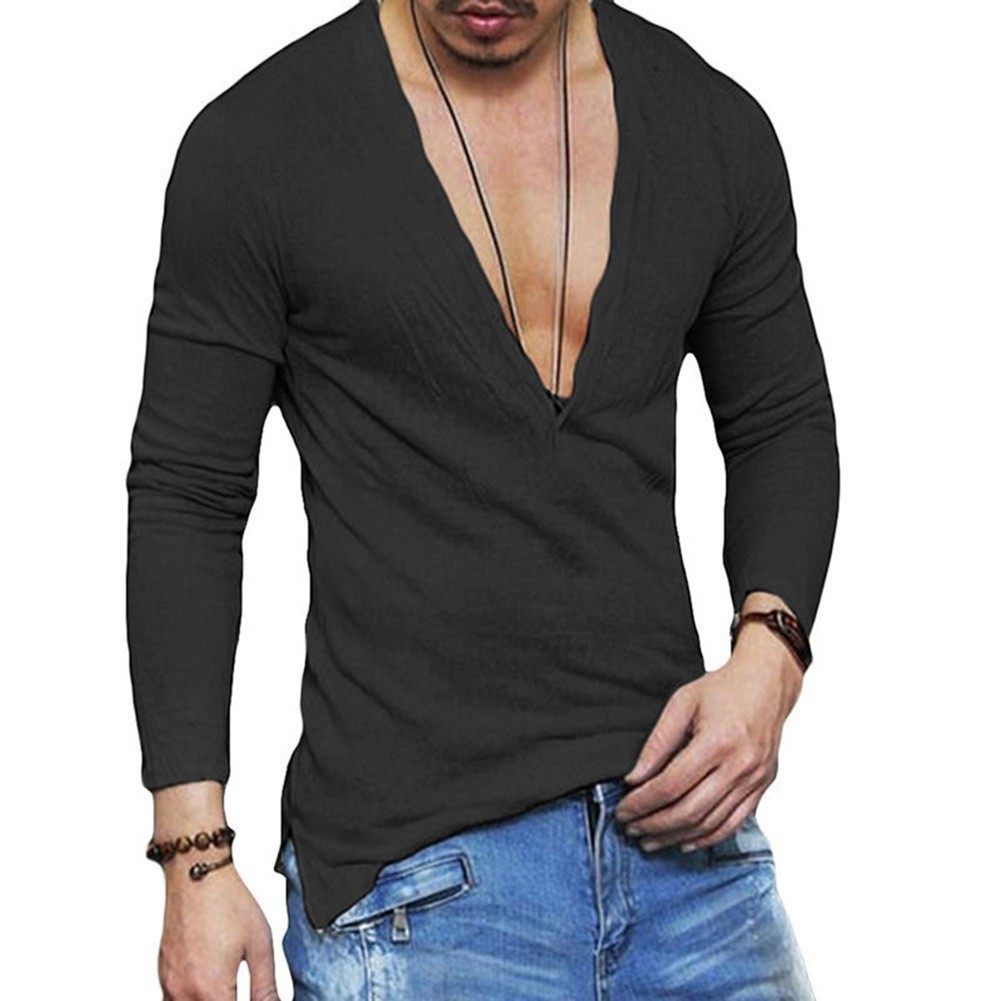 Mens Solid Long Sleeve T shirt with Deep V Neck and Button Front Blouse gallery