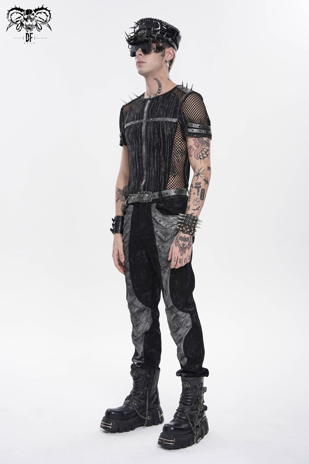 Devil Fashion Men Black Gothic Punk Spiked Mesh Splice T-Shirt Short Sleeve Tee gallery