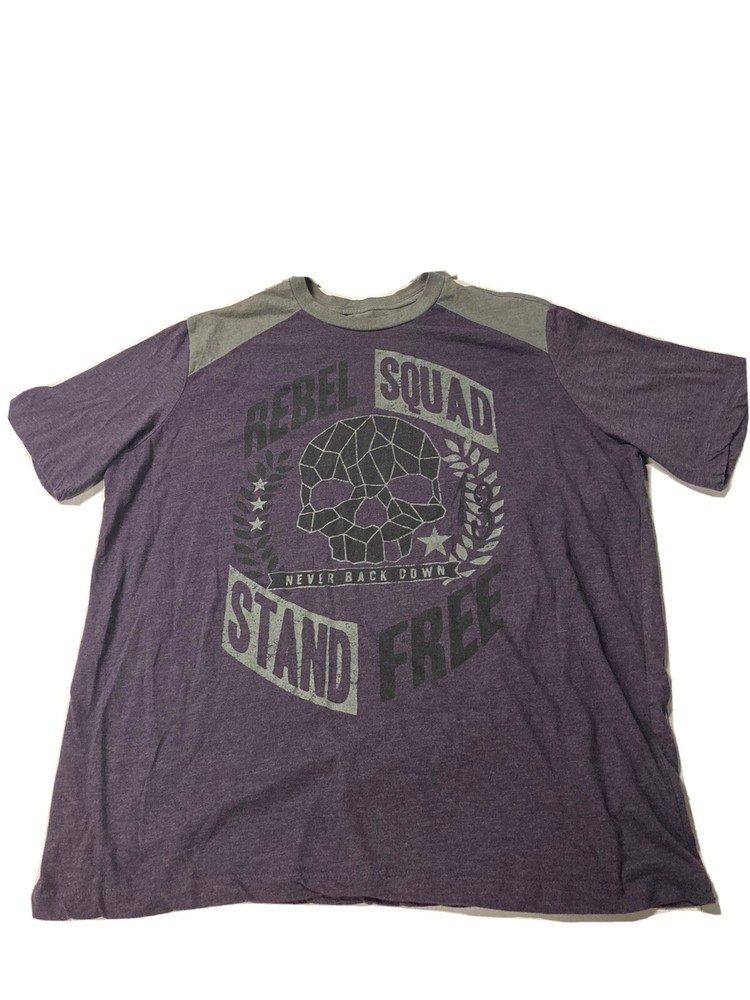 Skully Graphic Tee “Rebel Squad” T-Shirt Size XXL Purple Gray Never Back Down